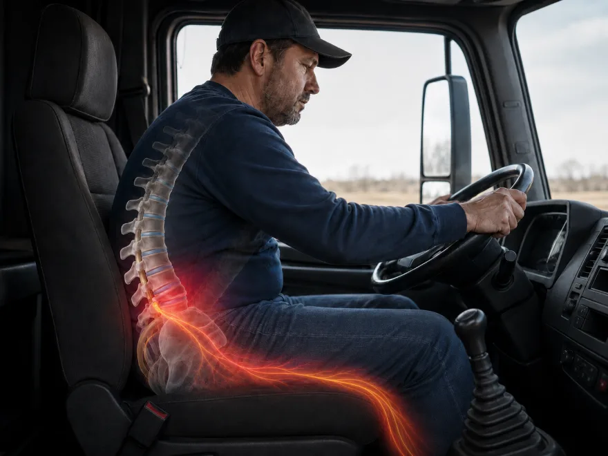 Truck driver seated at the wheel with the spine and irritated nerve highlighted