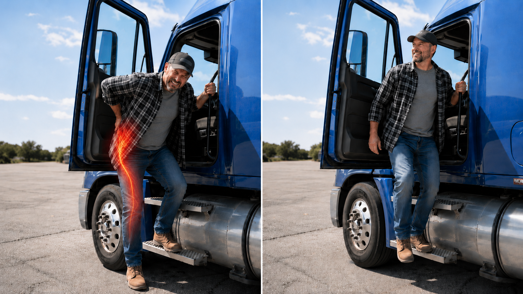 A truck driver climbing down from his cab in pain, then again pain-free and smiling